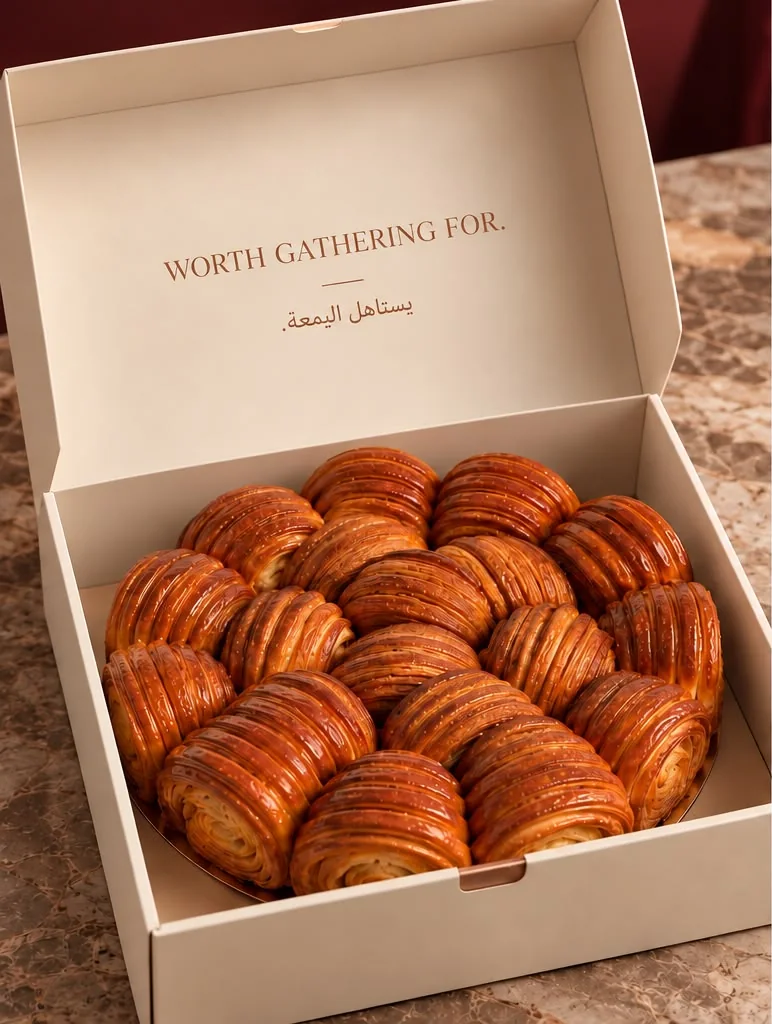 An open Watheer box with golden French khaliya inside